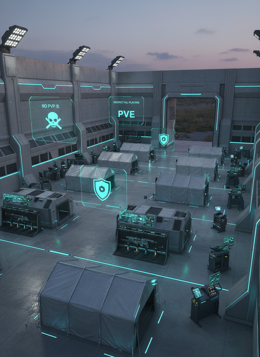 A pristine, high-tech safe zone courtyard inside a fortified UK military compound, reimagined in a sci-fi DayZ universe. Smooth concrete walls reinforced with glowing energy barriers surround neat rows of futuristic tents and modular shelters. Holographic blue signs display server rules and PVE icons above organized weapon racks and medical stations. It is dusk, with cool, diffused lighting from overhead floodlights and soft ambient glow from digital displays, creating subtle reflections on metal surfaces. Photographic realism from a slightly elevated angle using rule-of-thirds composition, with the main safe zone gate open in the distance. The mood is friendly, secure, and community-focused, contrasting the harsh wilderness beyond without any human figures.