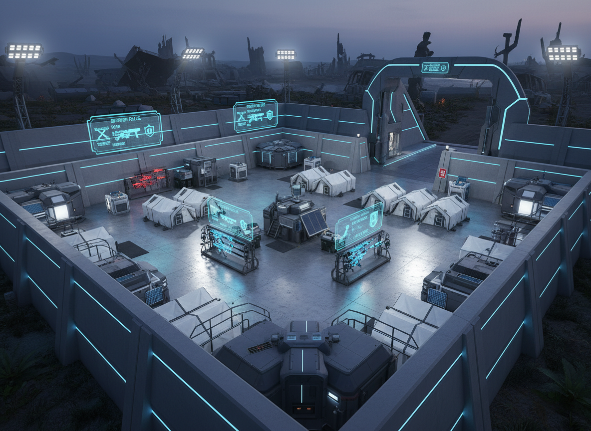 A pristine, high-tech safe zone courtyard inside a fortified UK military compound, reimagined in a sci-fi DayZ universe. Smooth concrete walls reinforced with glowing energy barriers surround neat rows of futuristic tents and modular shelters. Holographic blue signs display server rules and PVE icons above organized weapon racks and medical stations. It is dusk, with cool, diffused lighting from overhead floodlights and soft ambient glow from digital displays, creating subtle reflections on metal surfaces. Photographic realism from a slightly elevated angle using rule-of-thirds composition, with the main safe zone gate open in the distance. The mood is friendly, secure, and community-focused, contrasting the harsh wilderness beyond without any human figures.