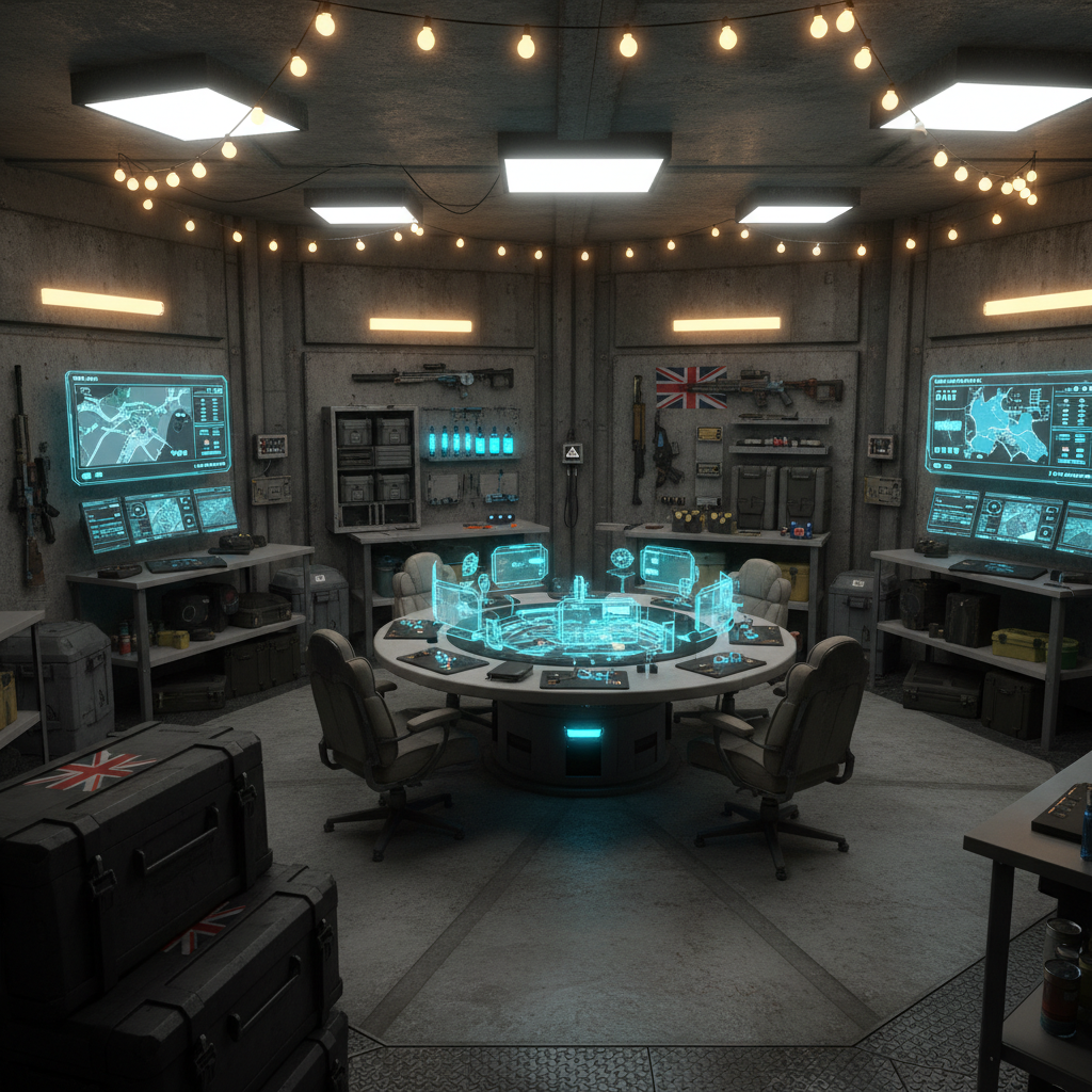 A cozy, underground community hub bunker for a sci-fi UK DayZ PVE server, captured in realistic photographic style. The main room features a central round tactical table covered with holographic terrain projections, surrounded by neatly organized weapon racks, medical cabinets, and crafting benches. Warm ambient lighting from string lights and soft LED panels contrasts with glowing blue interfaces and monitors showing live server maps and base cameras. Walls are lined with rugged storage lockers, generators, and shelves of supplies. Shot from a slightly elevated angle, using asymmetrical composition with the glowing table as the focal point. The mood is friendly, safe, and collaborative, emphasizing community planning and teamwork in a bold yet welcoming sci-fi survival setting, with no characters visible.