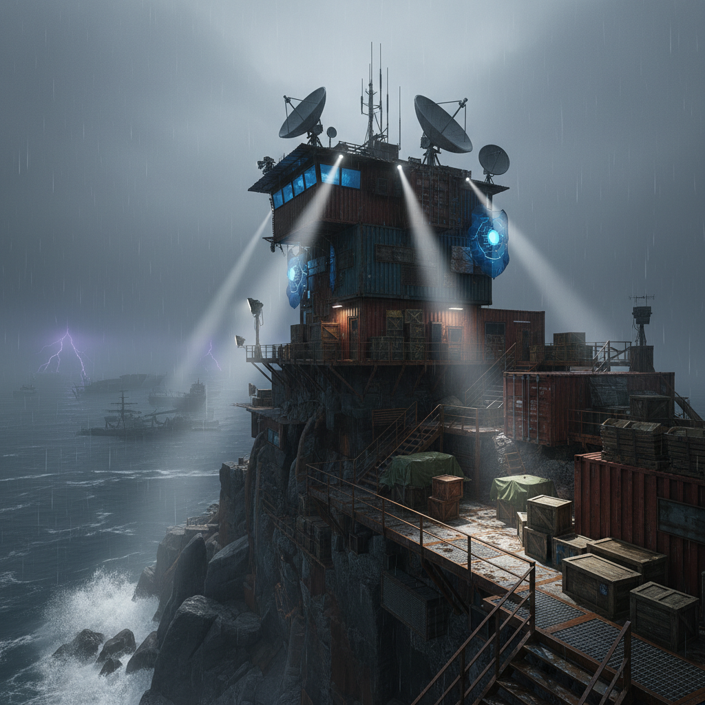 A dramatic, stormy coastal cliff in the UK reimagined as a sci-fi DayZ PVE stronghold. A heavily fortified lookout tower made from welded shipping containers, satellite dishes, and energy shields clings to the cliff edge above a raging ocean. Powerful spotlights cast bright beams through the rain, illuminating metal walkways, stacked supply crates, and mounted scanners. Distant lightning briefly outlines derelict ships and crashed aircraft on the dark horizon. Photographic realism with high contrast, wet surfaces glistening under the lights, and atmospheric fog softening the far distance. Shot from a low-angle perspective looking up at the base, emphasizing bold, resilient survival architecture and an intense but cooperative defensive mood, with no human presence.