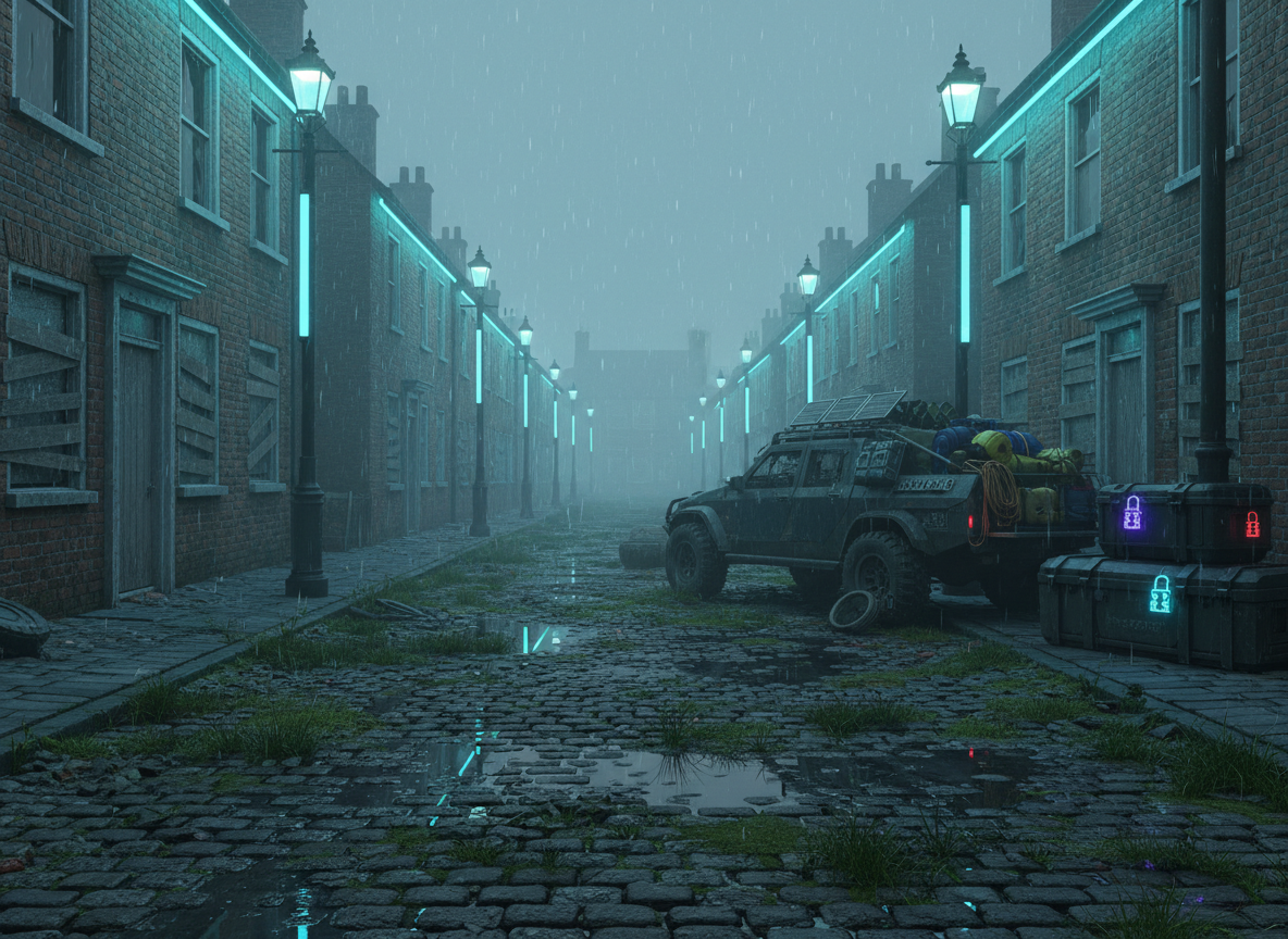 An abandoned UK village street transformed into a sci-fi PVE playground, photographed in cinematic realism. Cracked cobblestones are partially overgrown with moss and grass, while retrofitted streetlights emit soft cyan neon, illuminating boarded-up brick houses. Advanced loot crates with holographic locks sit beside a rugged, heavily modified off-road truck loaded with supplies and solar panels. It is early evening with a cool, misty atmosphere, light rain droplets visible in the air, and puddles reflecting the neon glow. Captured at eye level with a slightly wide lens, strong leading lines draw the eye down the street. The scene feels tense yet inviting, hinting at cooperative exploration and adventure without showing any characters.