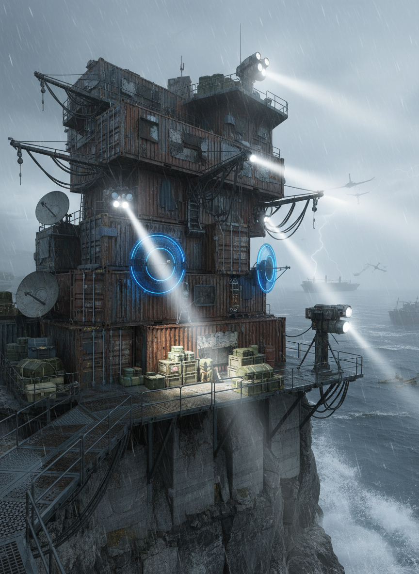 A dramatic, stormy coastal cliff in the UK reimagined as a sci-fi DayZ PVE stronghold. A heavily fortified lookout tower made from welded shipping containers, satellite dishes, and energy shields clings to the cliff edge above a raging ocean. Powerful spotlights cast bright beams through the rain, illuminating metal walkways, stacked supply crates, and mounted scanners. Distant lightning briefly outlines derelict ships and crashed aircraft on the dark horizon. Photographic realism with high contrast, wet surfaces glistening under the lights, and atmospheric fog softening the far distance. Shot from a low-angle perspective looking up at the base, emphasizing bold, resilient survival architecture and an intense but cooperative defensive mood, with no human presence.