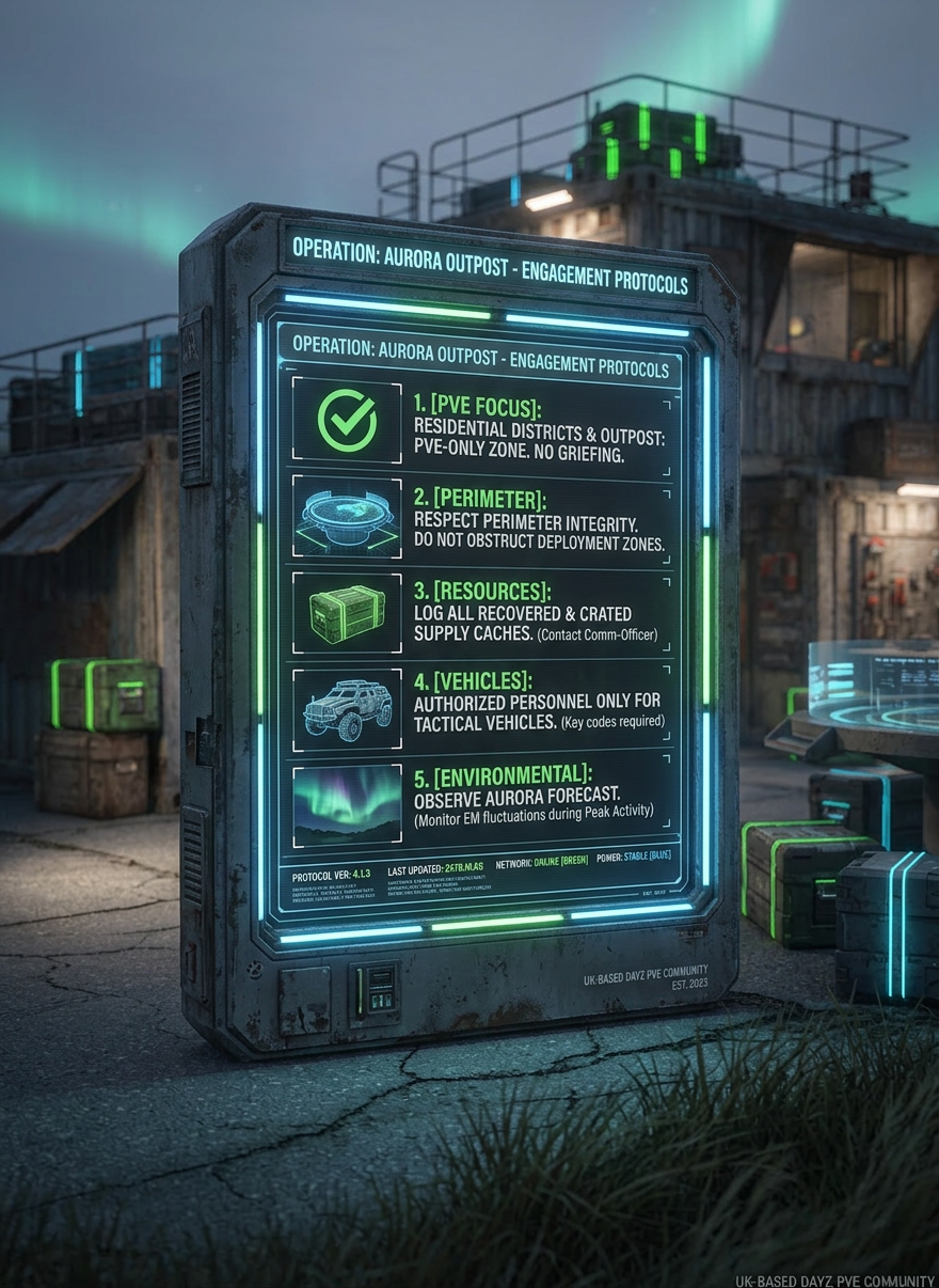 Digital information display listing Aurora Outpost engagement protocols and guidelines at a tactical base.