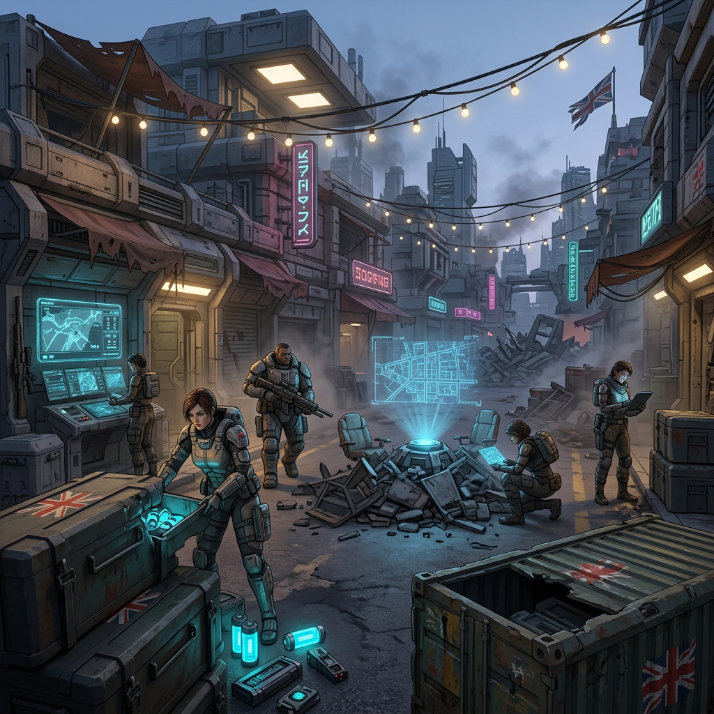 A cozy, underground community hub bunker for a sci-fi UK DayZ PVE server, captured in realistic photographic style. The main room features a central round tactical table covered with holographic terrain projections, surrounded by neatly organized weapon racks, medical cabinets, and crafting benches. Warm ambient lighting from string lights and soft LED panels contrasts with glowing blue interfaces and monitors showing live server maps and base cameras. Walls are lined with rugged storage lockers, generators, and shelves of supplies. Shot from a slightly elevated angle, using asymmetrical composition with the glowing table as the focal point. The mood is friendly, safe, and collaborative, emphasizing community planning and teamwork in a bold yet welcoming sci-fi survival setting, with no characters visible.